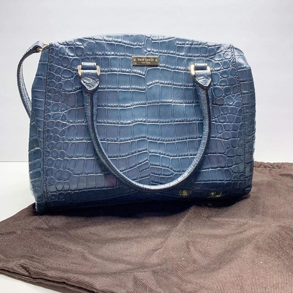 Kate Spade Slate Blue Handbag Reptile Leather Hand Straps Shoulder Crossover NEW